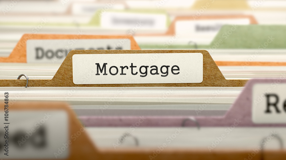 Poster mortgage on business folder in multicolor card index. closeup view. blurred image. 3d render.