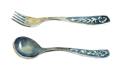 Vintage set of spoon and fork painted in watercolour