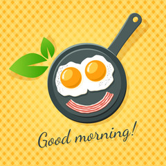 Good morning!  Two fried eggs and bacon smile on a pan.