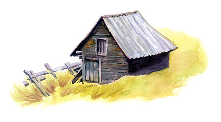 Grey old barn on yellow grass, painted with watercolours © Olga Serova