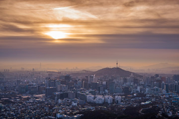 Fototapeta premium sunrise of Seoul City Skyline, The best view of South Korea..