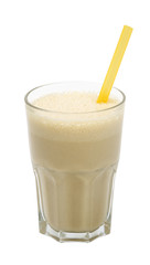banana milk smoothies with straws on a white background