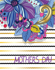 greeting abstract vector colorful background with flowers and mother's day inscription with a zigzagging Golden color background and greeting card
