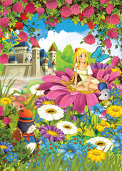 Cartoon scene of a girl on the flower with animal friends - rodents - illustration for children