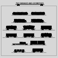 Set of locomotives and freight wagons / Contrast set of silhouettes of railway transport