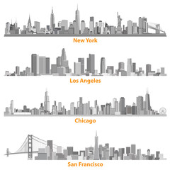 Obraz premium New York, Chicago, Los Angelews and San Francisco skylines illustrations in grey scales