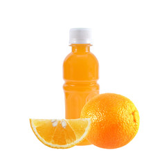 Orange fruit with Orange juice in a bottle isolated on white