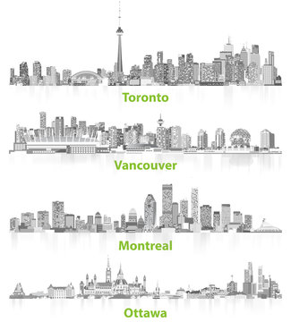 Toronto, Ottawa, Vancouver, Montreal cities skylines vector illustrations