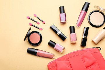 Obraz premium Set of decorative cosmetics on light color background