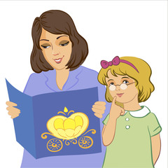 Family reading. Mom reading a book. Daughter listening/