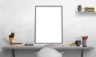 Isolated poster frame on office desk for mockup. Water colors, pencils, glasses, plant, cup of coffee on table. Shelf with cactus and books on wall.