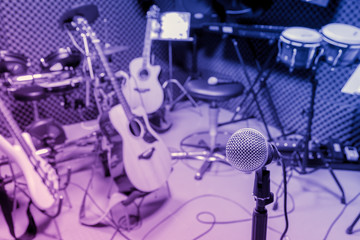 selective focus microphone and blur musical equipment guitar ,ba