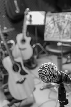 selective focus microphone and blur musical equipment guitar ,ba