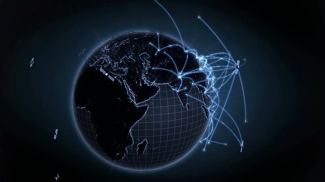 Growing global network. Internet concept, connecting to satellites. 4K