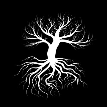 White tree vector silhouette on black background. Big tree with deep roots. Vector illustration, clip art, symbol of nature. Eps 8.

