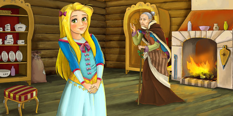 Obraz na płótnie Canvas Cartoon scene of an young girl and old woman in wooden room - illustration for children