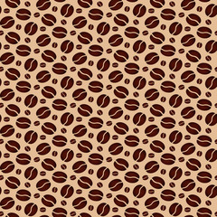 Brown seamless background with scattering of coffee beans. Seamless coffee pattern. Design for cards, wallpaper, posters, clothes