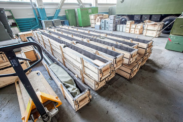 warehouse with wooden boxes at factory