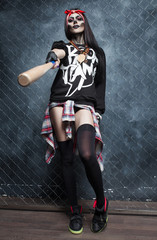 Naklejka premium halloween make up sugar skull beautiful sexy brunette model