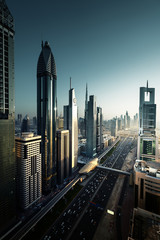 Fototapeta na wymiar Dubai skyline in sunset time, United Arab Emirates