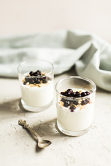 Glass 0f yogurt with muesli and black currants