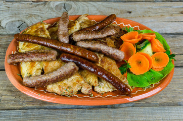 Decorated with mixed meat on a board