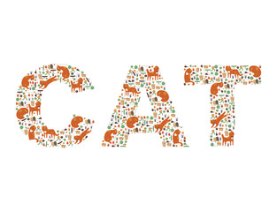 Large word Cat made with ginger kittens, collars, cat toys, mouses, broken and normal flowers, animal food and medals. Bright, funky and kind image, isolated on white, vector.