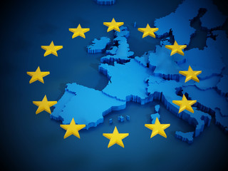 Obrazy  Mapa Unii Europejskiej i wyrównane gwiazdy w kształcie koła tworzące flagę