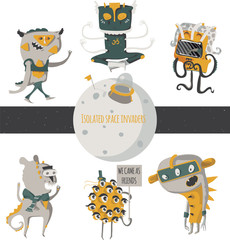 Vector illustration with cute an funky space invaders