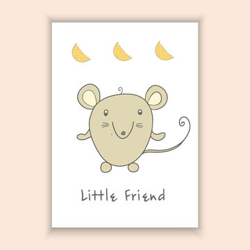 Hand Drawn lovely with mouse, cheese - cute postcard made in vector. Printable template.