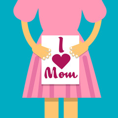 Girl Hold Banner I Love Mom, Mother Day Holiday, Daughter With Greeting Card