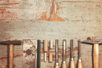 set of carpenter tools / overhead of a set of vintage carpenter tools