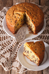 chopped sponge cake with chocolate Drops close-up. vertical

