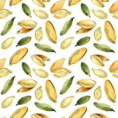 Colorful seamless pattern of pumpkin seeds, hand painted with watercolors