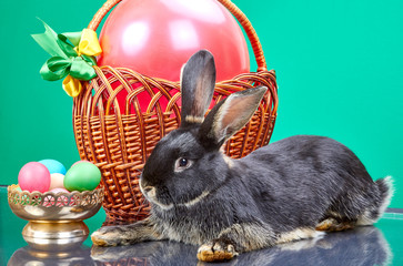 Easter bunny lying near a wicker basket and a vase with colored eggs
