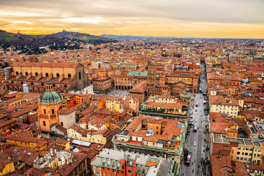 Aerial view of Bologna, Italy at sunset