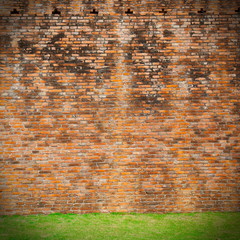 Red brick wall with grass floor