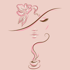Illustration of a beautiful woman and a cup of delicious coffee