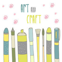 Cute hand drawn doodle postcard with art supplies. 