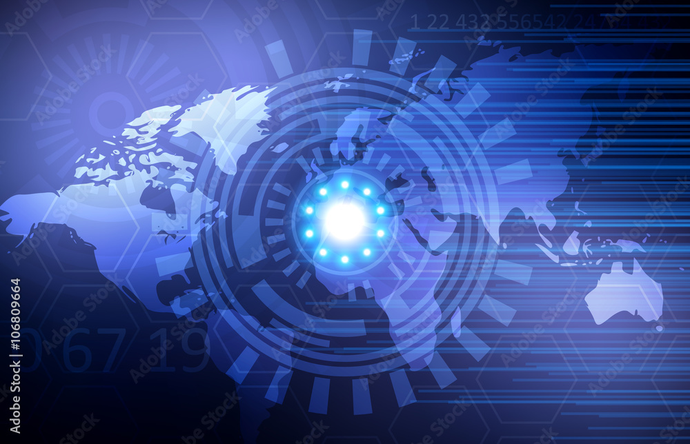 Poster abstract digital technology background with world map. vector template design