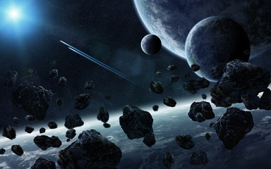 Naklejka premium Sunrise over group of planets in space