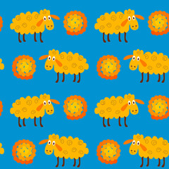 Seamless pattern with sheeps and wool