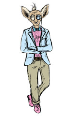 Hand Drawn Fashion Portrait of lemur Hipster isolated on backgro