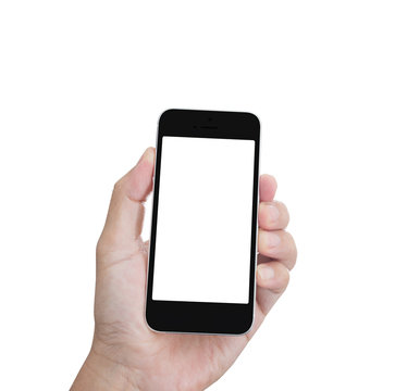 Hand holding blank screen mobile phone isolated on white backgro