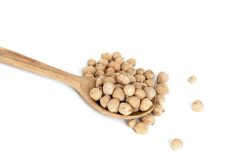 Uncooked chickpeas on white background