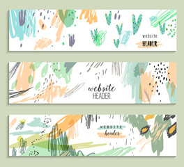 Fototapeta na wymiar Set of three banners, abstract creative headers with doodles 