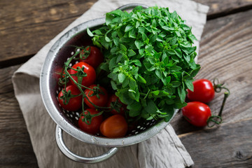 Fresh ingredients, tomatoes, herbs, olive oil
