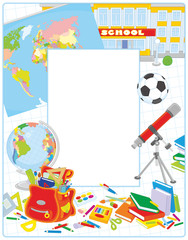 School border frame with a globe, a schoolbag and other educational items