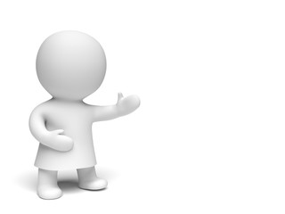 white cute 3d character wearing a gown presenting an empty space in a white scene (3D illustration)
