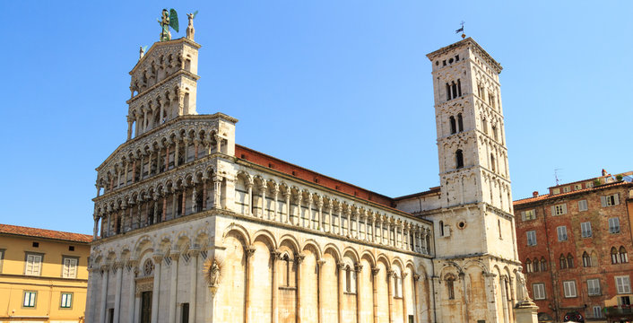 View of medieval cathedral San Michele. Lucca,Tuscany, Italy.